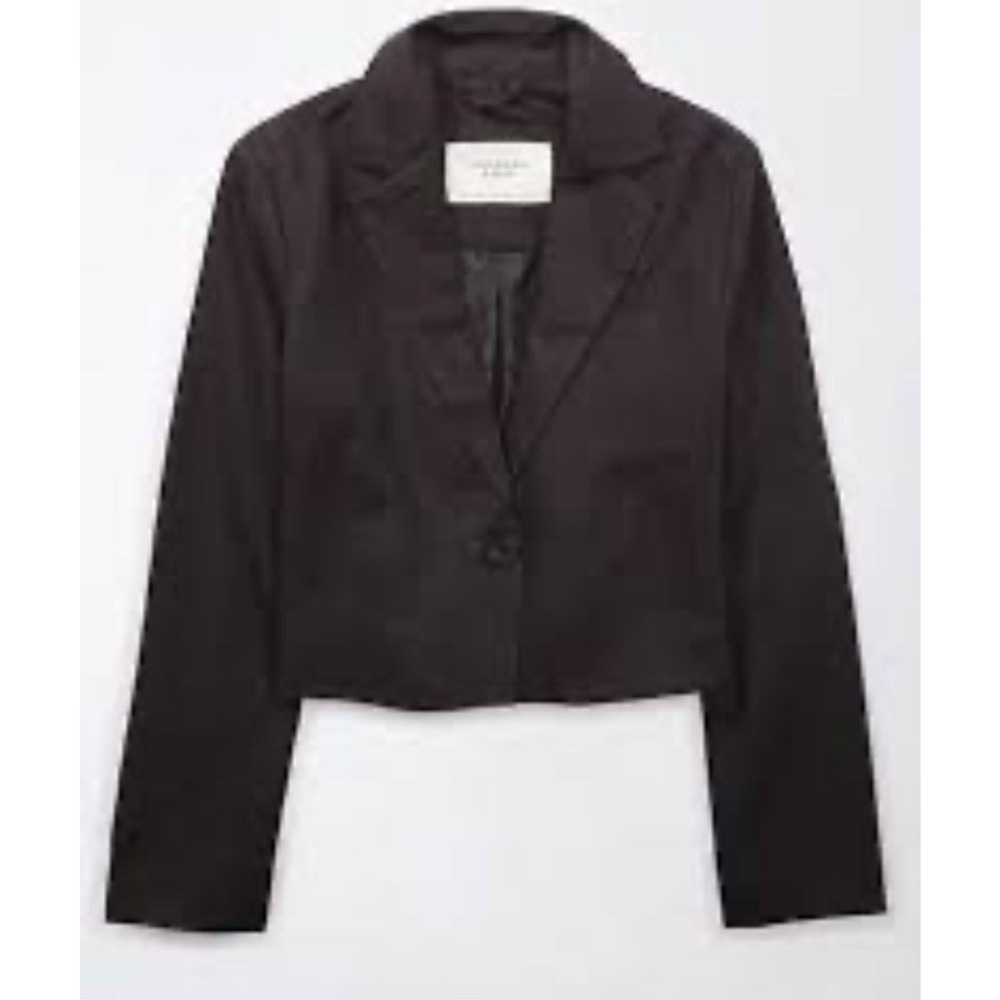 American Eagle Cropped Linen 1 Button Blazer Medium Black NWT Jacket Lightweight